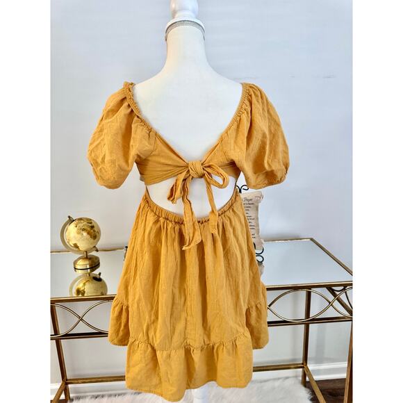 Hesperus Cotton Yellow Empire Waist Mini Dress Short Puff Sleeve Back Tie Medium - Picture 8 of 11